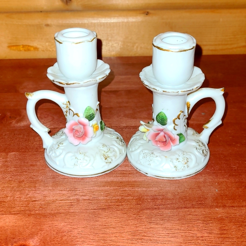 Vintage Brinn's Hand Painted Ceramic Bisque floral candle holders w/Pink Roses